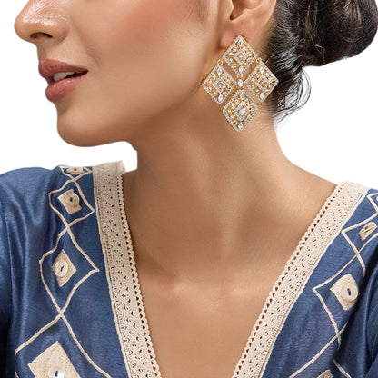 Designer Gold - Toned & White Kundan Studded Square Drop Earrings for Women - Auraa Trends - Earrings -  - Auraa Trends - "Gold - toned Kundan studded square drop earrings with multi - stone detailing, traditional Indian ethnic jewelry for women."