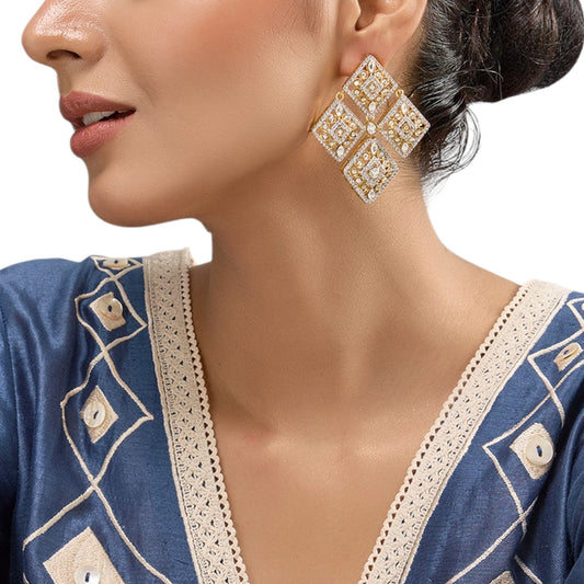 Designer Gold - Toned & White Kundan Studded Square Drop Earrings for Women - Auraa Trends - Earrings -  - Auraa Trends - "Gold - toned Kundan studded square drop earrings with multi - stone detailing, traditional Indian ethnic jewelry for women."