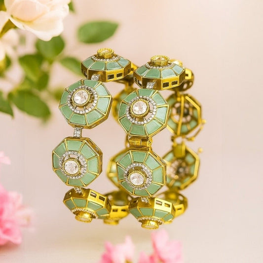Designer Green Octagon Bangles with Kundan Stones & Gold - Plated Finish for Women - Auraa Trends - Bangles -  - Auraa Trends - Gold - plated green octagon bangles with kundan stones – stylish festive & bridal jewelry for women