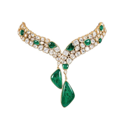 Designer Green Stone & Pearl Studded Choker Necklace Set with Drop Earrings for Women - Auraa Trends - Necklace Set -  - Auraa Trends - "Traditional gold - plated choker necklace set with green tear - drop stones and pearl detailing, paired with matching earrings – perfect for weddings and festive wear"