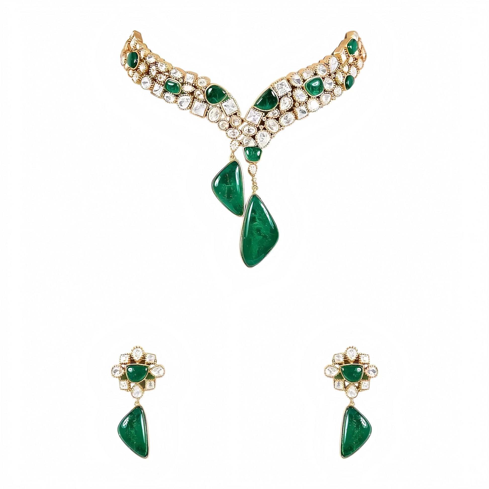 Designer Green Stone & Pearl Studded Choker Necklace Set with Drop Earrings for Women - Auraa Trends
