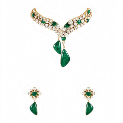 Designer Green Stone & Pearl Studded Choker Necklace Set with Drop Earrings for Women - Auraa Trends