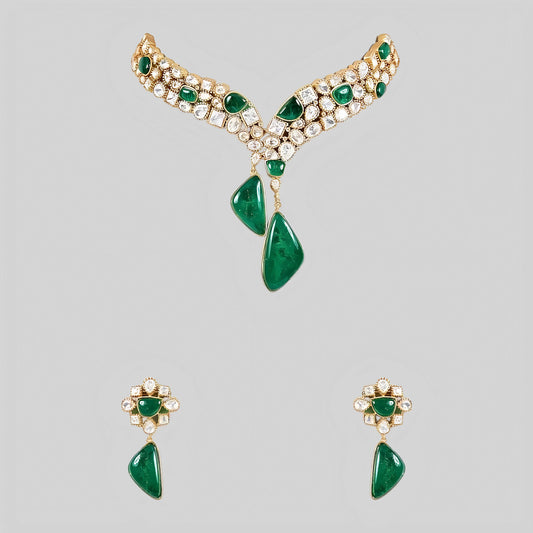 Designer Green Stone & Pearl Studded Choker Necklace Set with Drop Earrings for Women - Auraa Trends