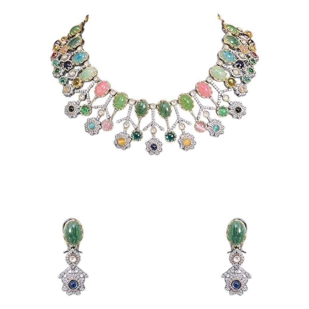 Designer Multicolor Polki Kundan Choker Necklace Set with Earrings for Women - Auraa Trends