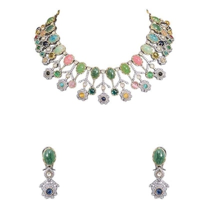 Designer Multicolor Polki Kundan Choker Necklace Set with Earrings for Women - Auraa Trends