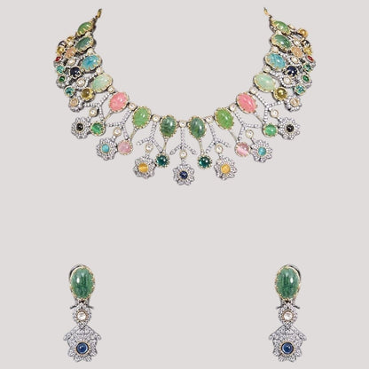 Designer Multicolor Polki Kundan Choker Necklace Set with Earrings for Women - Auraa Trends - Necklace Set -  - Auraa Trends - Woman wearing a handcrafted multicolor polki kundan choker necklace set with matching earrings, paired with a pastel embroidered saree.