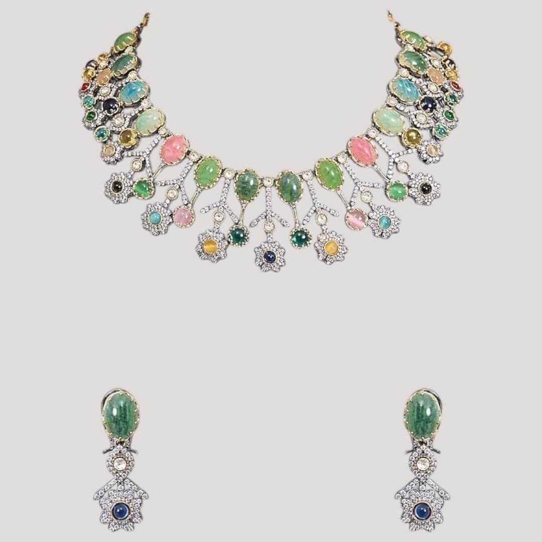 Designer Multicolor Polki Kundan Choker Necklace Set with Earrings for Women - Auraa Trends
