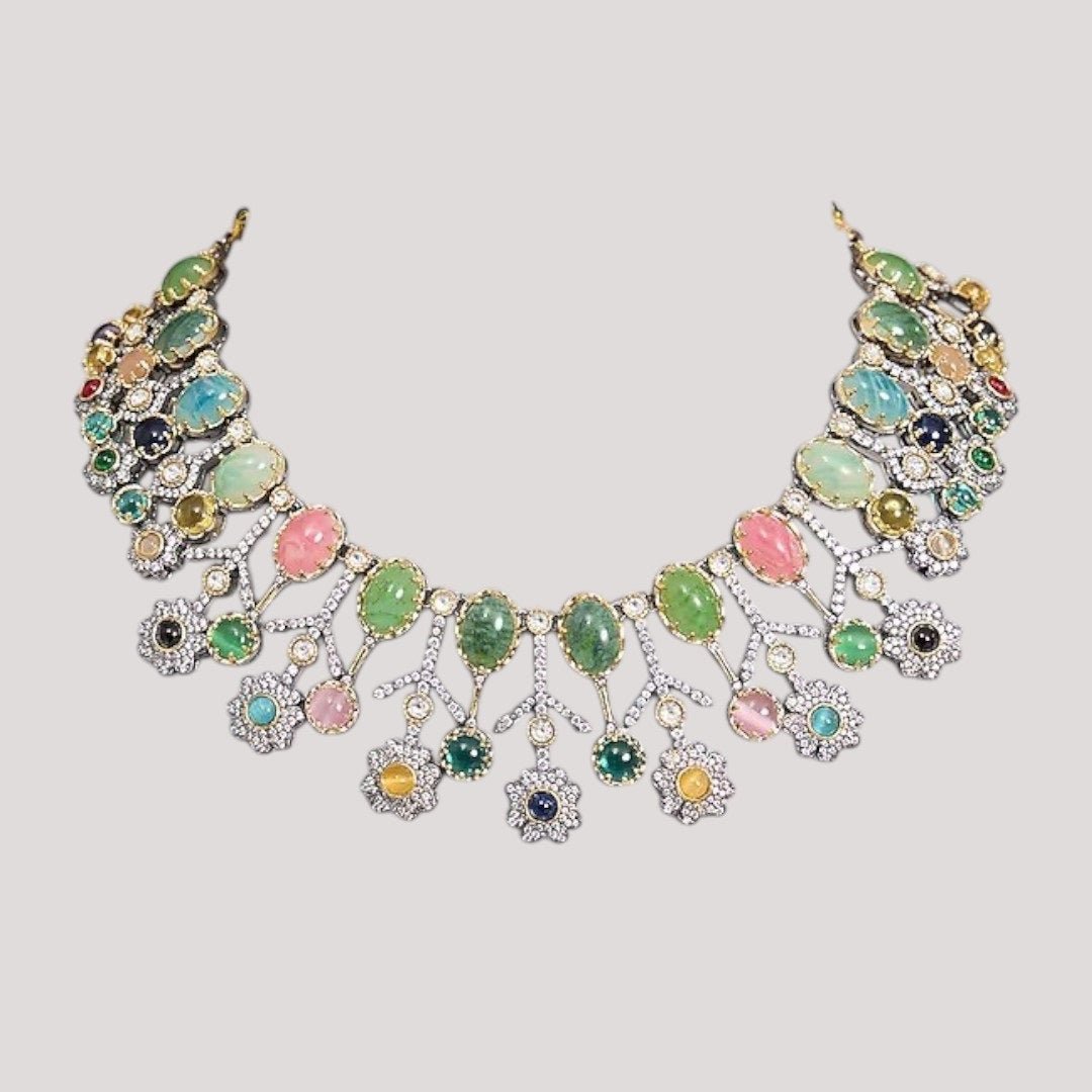 Designer Multicolor Polki Kundan Choker Necklace Set with Earrings for Women - Auraa Trends - Necklace Set -  - Auraa Trends - Woman wearing a handcrafted multicolor polki kundan choker necklace set with matching earrings, paired with a pastel embroidered saree.