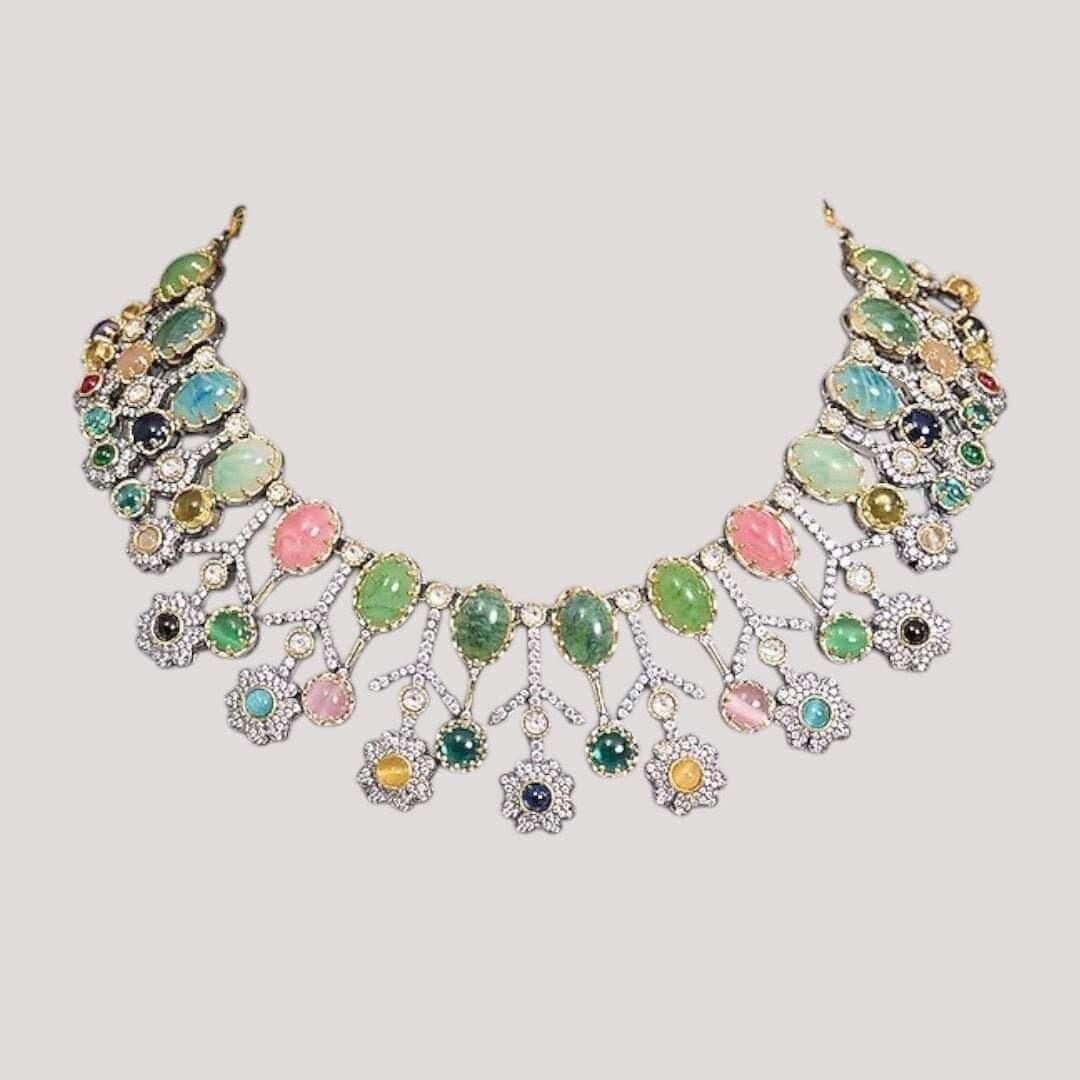 Designer Multicolor Polki Kundan Choker Necklace Set with Earrings for Women - Auraa Trends