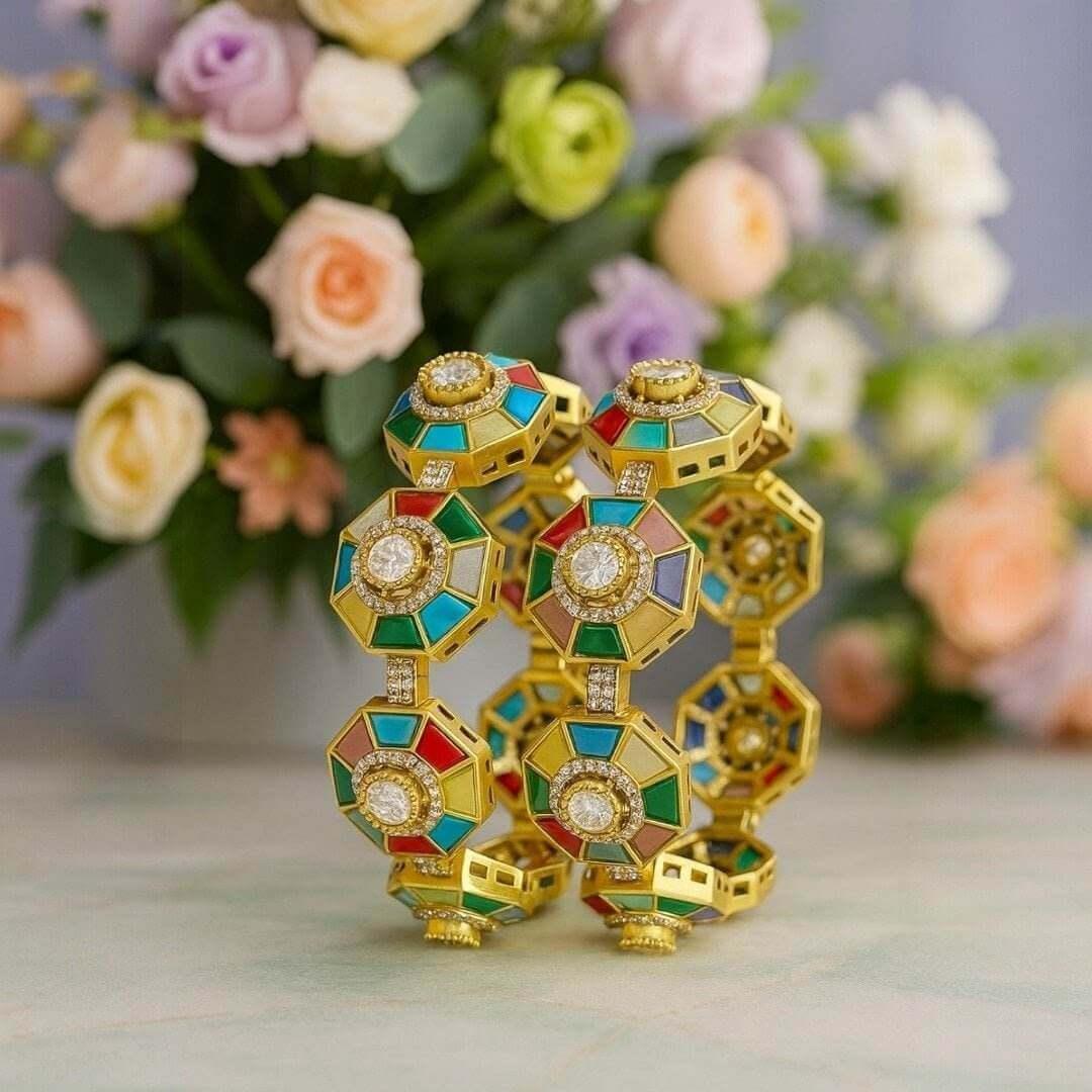 Designer Multicolour Octagon Bangles with Kundan Stones & Gold-Plated Finish for Women - Auraa Trends