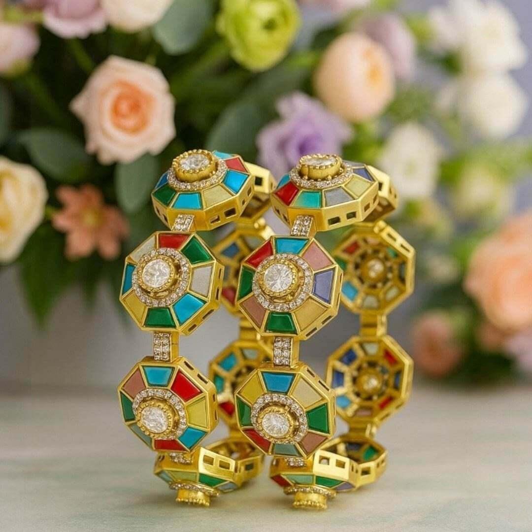 Designer Multicolour Octagon Bangles with Kundan Stones & Gold-Plated Finish for Women - Auraa Trends