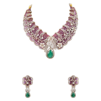 Designer Ruby & Green Stone Kundan Statement Necklace Set with Drop Earrings for Women - Auraa Trends - Necklace Set -  - Auraa Trends - Woman wearing ruby and green stone Kundan statement necklace with earrings