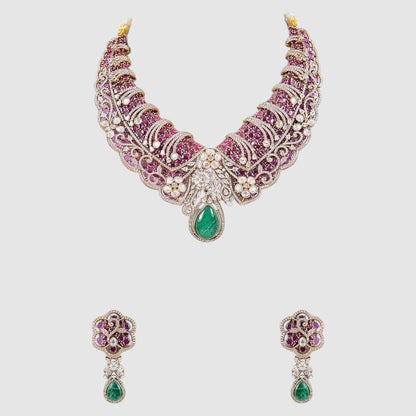 Designer Ruby & Green Stone Kundan Statement Necklace Set with Drop Earrings for Women - Auraa Trends - Necklace Set -  - Auraa Trends - Woman wearing ruby and green stone Kundan statement necklace with earrings