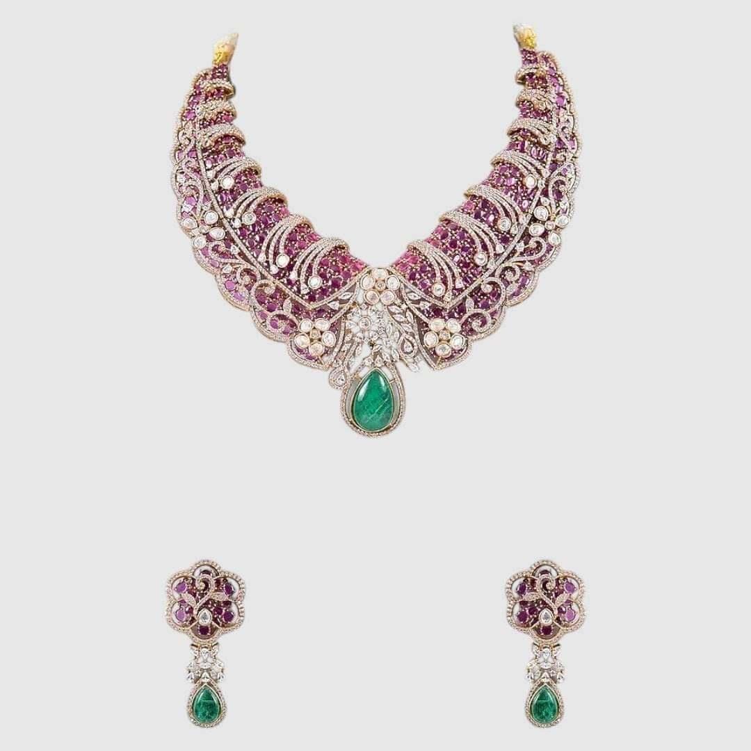 Designer Ruby & Green Stone Kundan Statement Necklace Set with Drop Earrings for Women - Auraa Trends