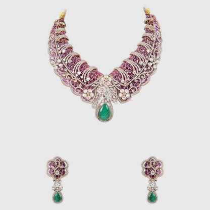 Designer Ruby & Green Stone Kundan Statement Necklace Set with Drop Earrings for Women - Auraa Trends