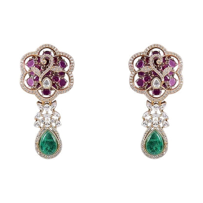 Designer Ruby & Green Stone Kundan Statement Necklace Set with Drop Earrings for Women - Auraa Trends - Necklace Set -  - Auraa Trends - Woman wearing ruby and green stone Kundan statement necklace with earrings