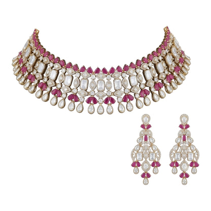 Ruby and CZ bridal choker necklace set with matching drop earrings