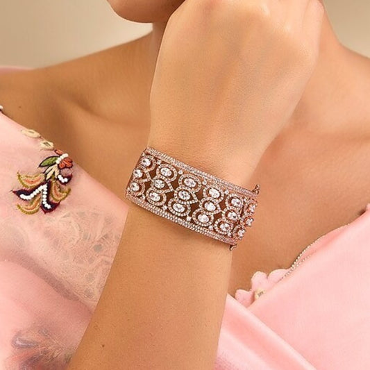 Rose Gold White Stone Studded Designer Cuff Kada for Women