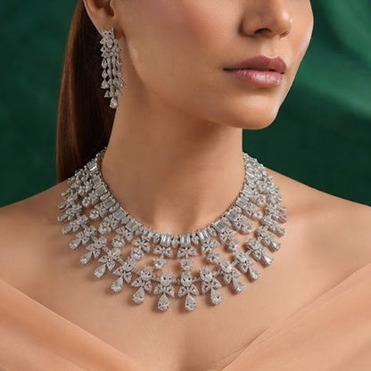 Luxury American Diamond Choker Necklace Set with Long Tassel Earrings Rhodium Plated Bridal Wedding Jewelry