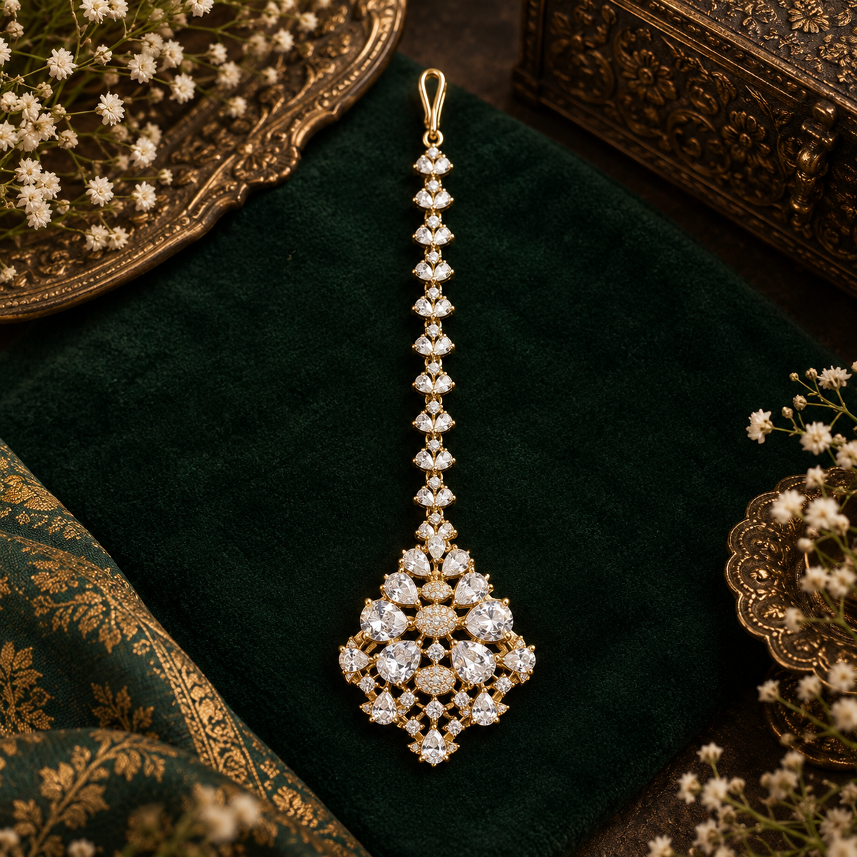 Gold finish American diamond maang tikka with clear pear-cut zircon stones, pave zircon accents and a leaf-shaped zircon chain – Auraa Trends