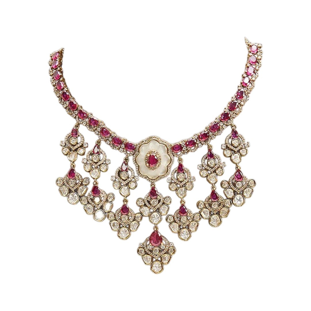 Kundan Bridal Bib Necklace Set with Ruby Stones