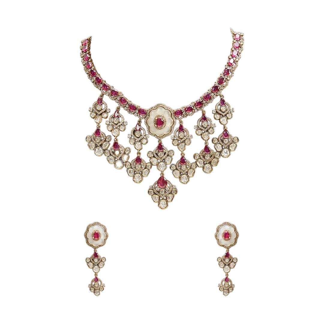 Kundan Bridal Bib Necklace Set with Ruby Stones