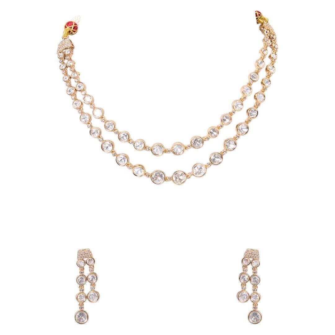 Double-Strand Gold-Plated Kundan Necklace Set with Drop Earrings - Auraa Trends