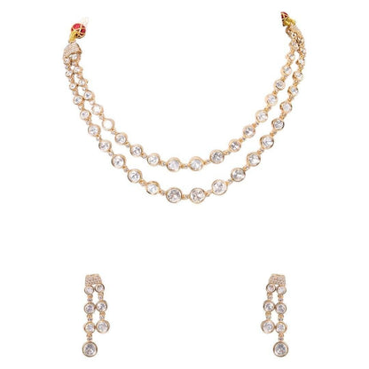 Double-Strand Gold-Plated Kundan Necklace Set with Drop Earrings - Auraa Trends