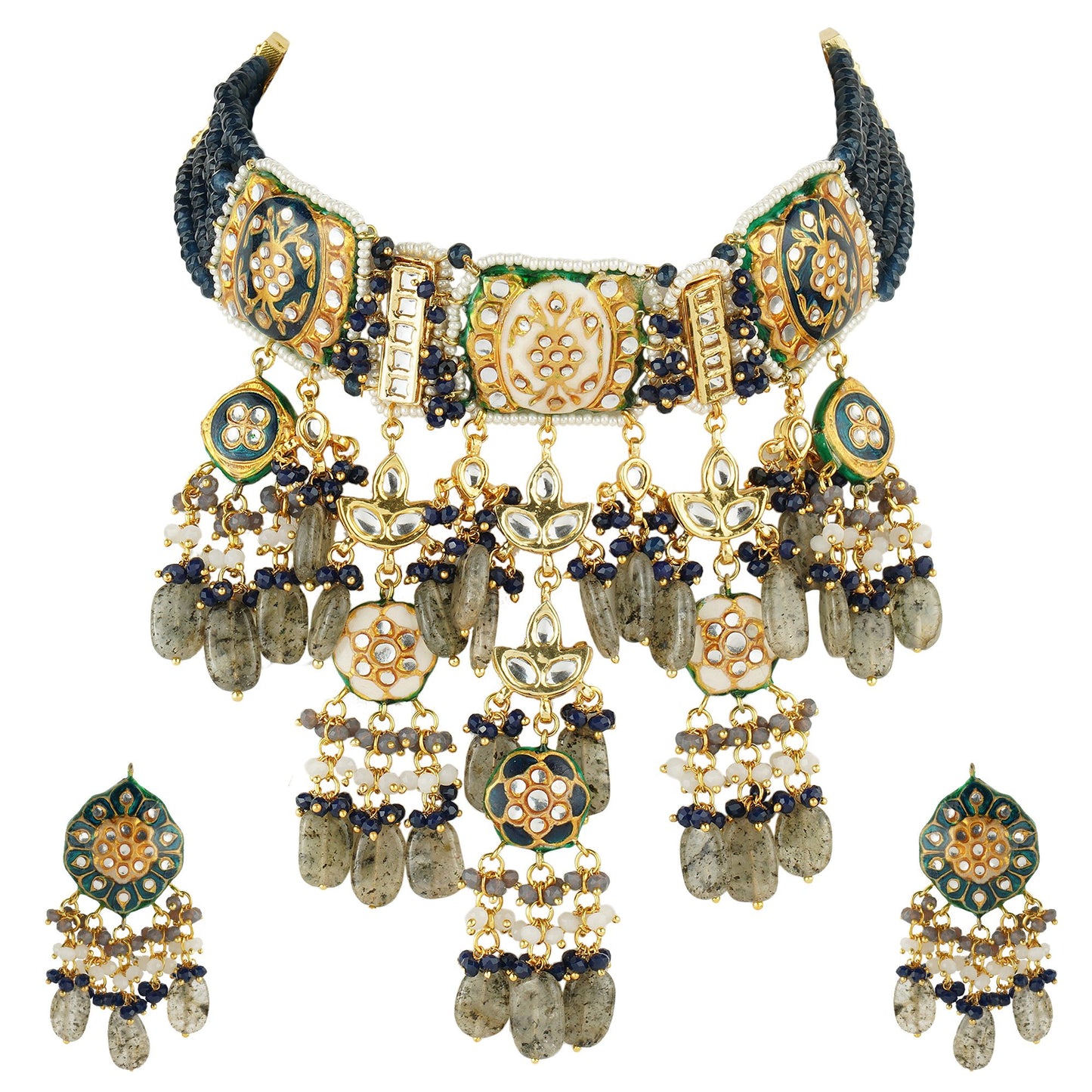 Noble Kundan Necklace Set with Grey and Green Semi Precious Stone