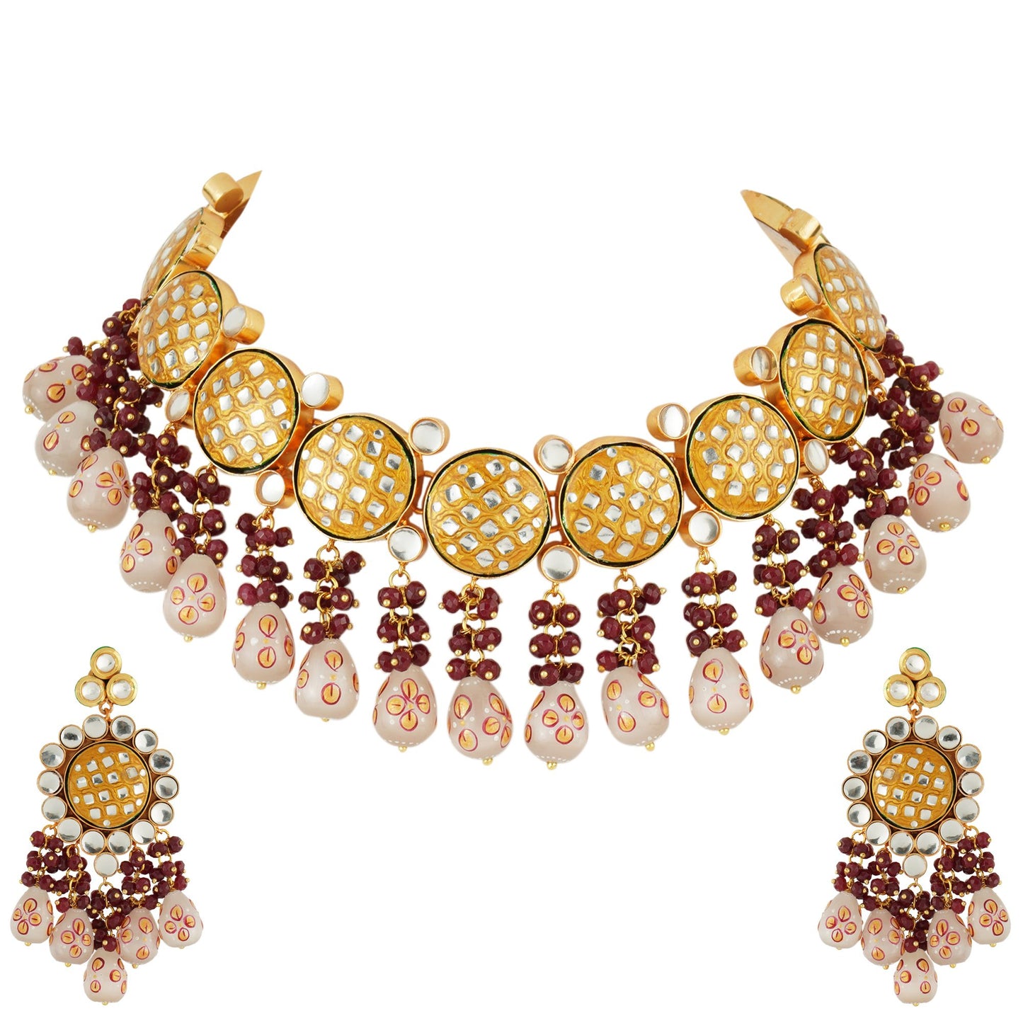 Queenly Kundan Necklace Set with Pink and Purple Embelishments