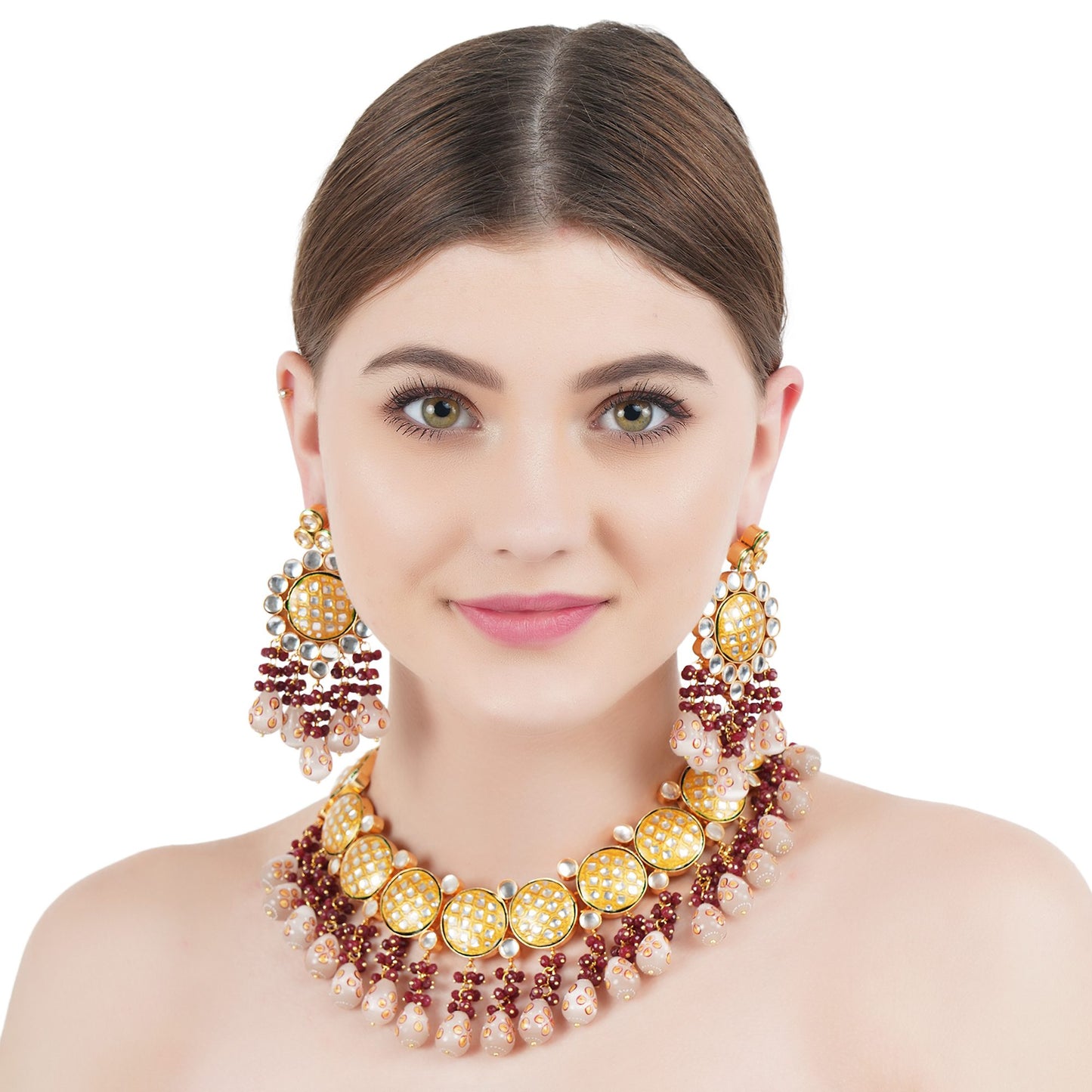 Queenly Kundan Necklace Set with Pink and Purple Embelishments