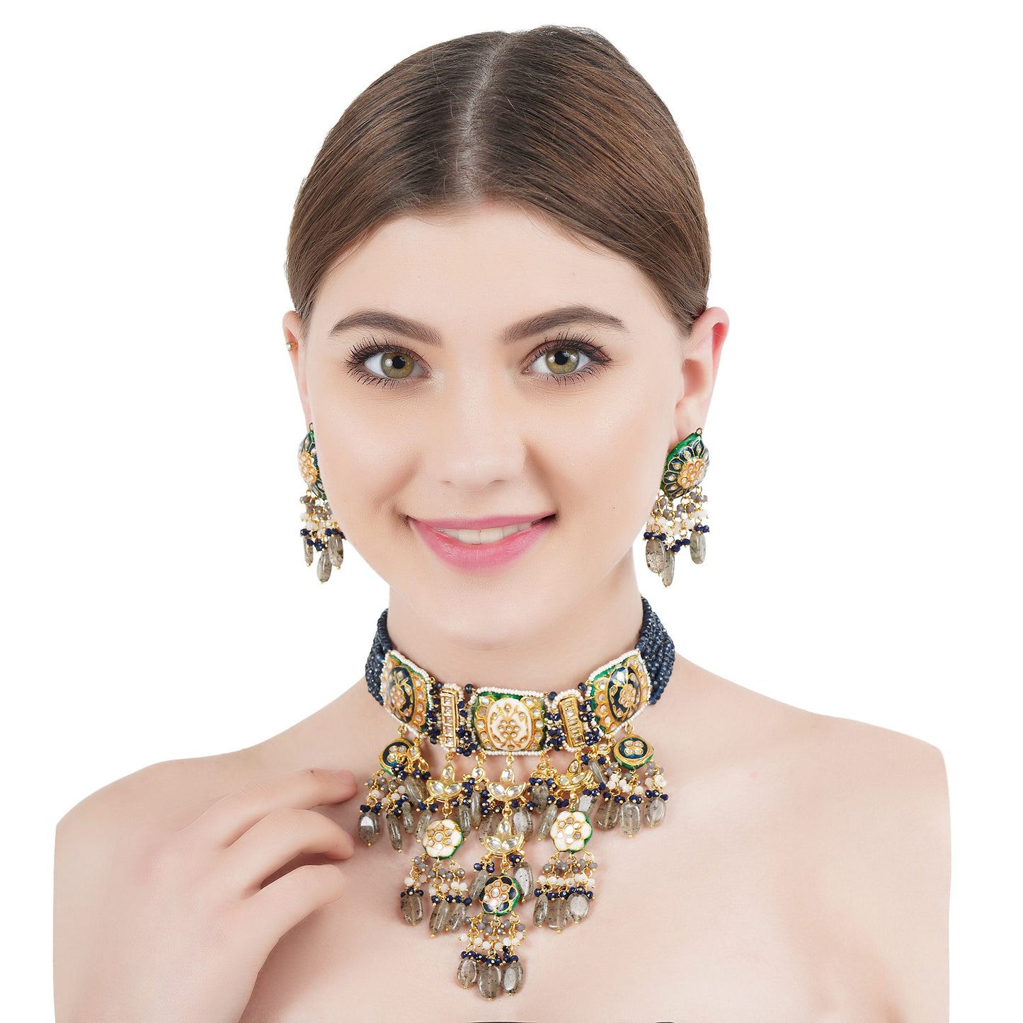 Noble Kundan Necklace Set with Grey and Green Semi Precious Stone