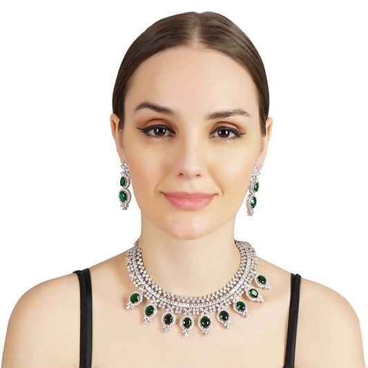 Diamonte Necklace Set with Green Semi Precious Emebelishments