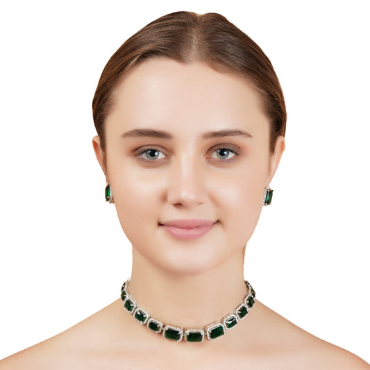 Exquisite Diamonte Necklace Set with Green Gemstones