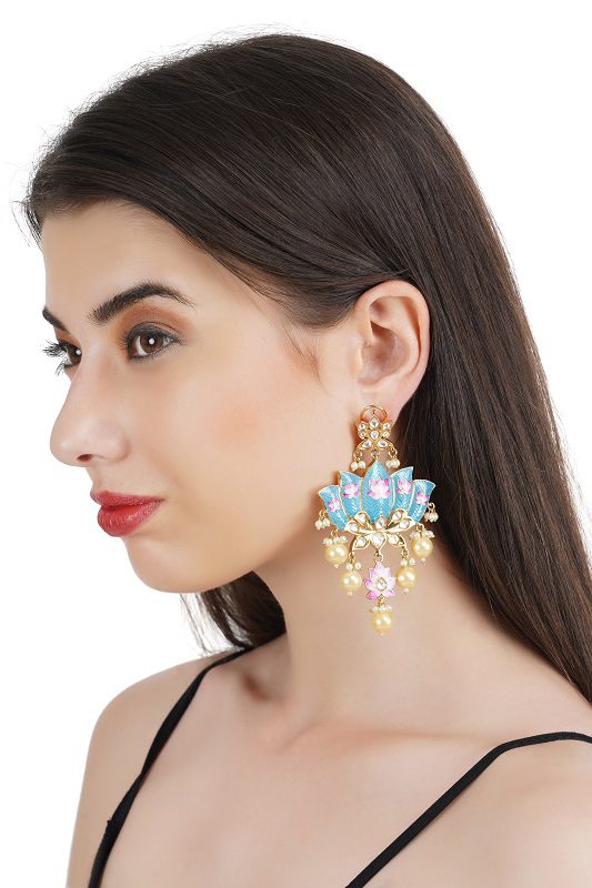 Exquisite Blue Lotus Motif Kundan Earrings with Pearl Drops