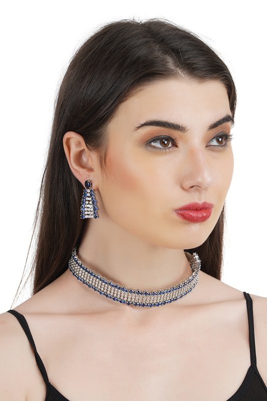 Opalescent Diamonte Choker Set with Blue Semi Precious Embelishments