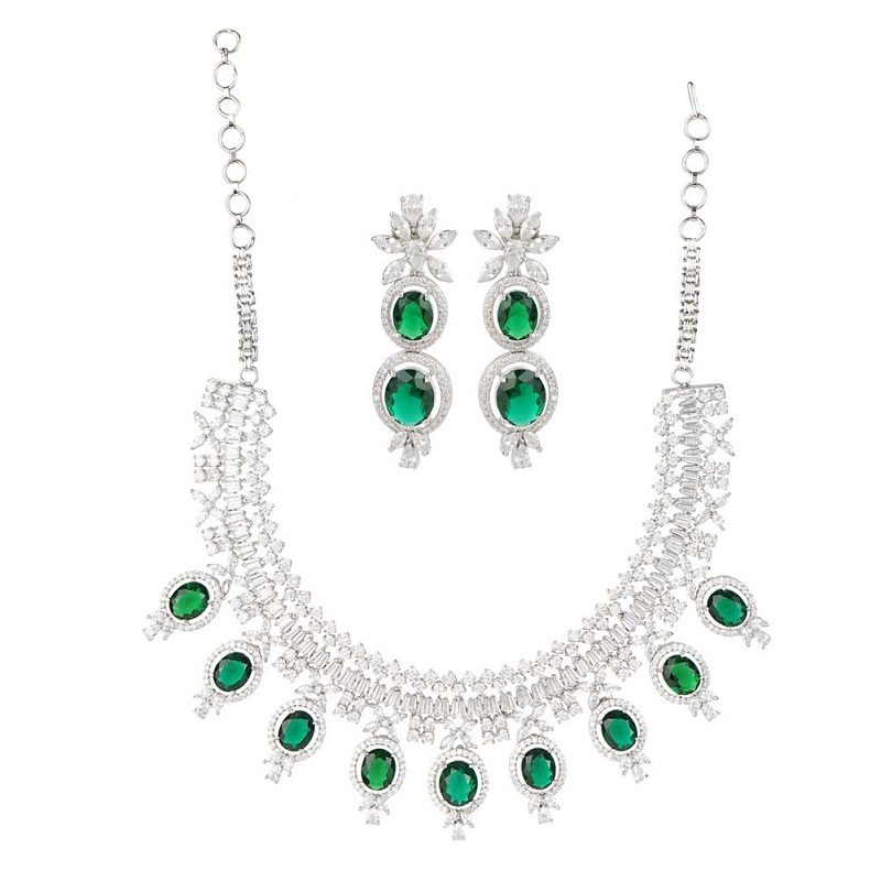 Diamonte Necklace Set with Green Semi Precious Emebelishments