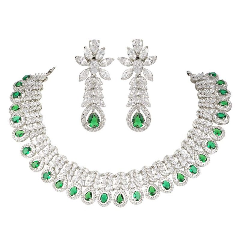 Tantalizing Diamonte Necklace Set with Green Semi Precious Emebelishments