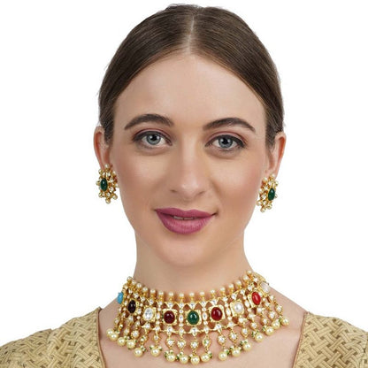 Gleaming Kundan Navratna Necklace Set