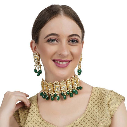 Kundan Necklace Set with Green Semi Precious Drops
