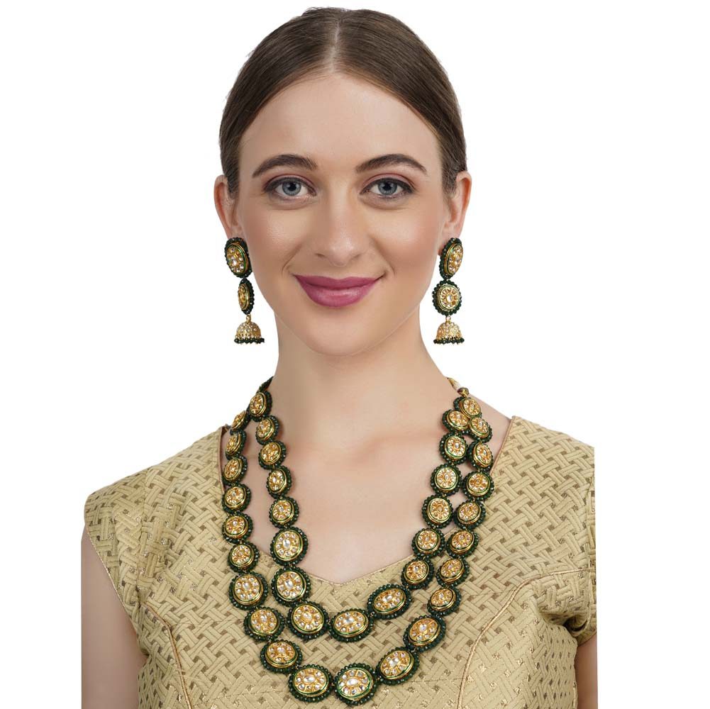 Kundan Green Double line Haar with Earrings
