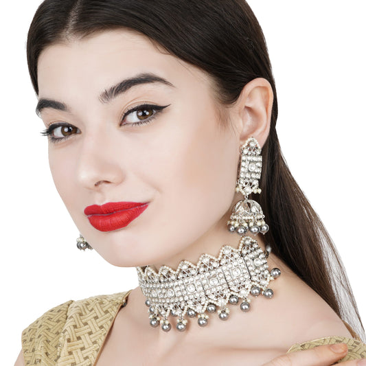 Sparkling White Rhodium Kundan Necklace Set