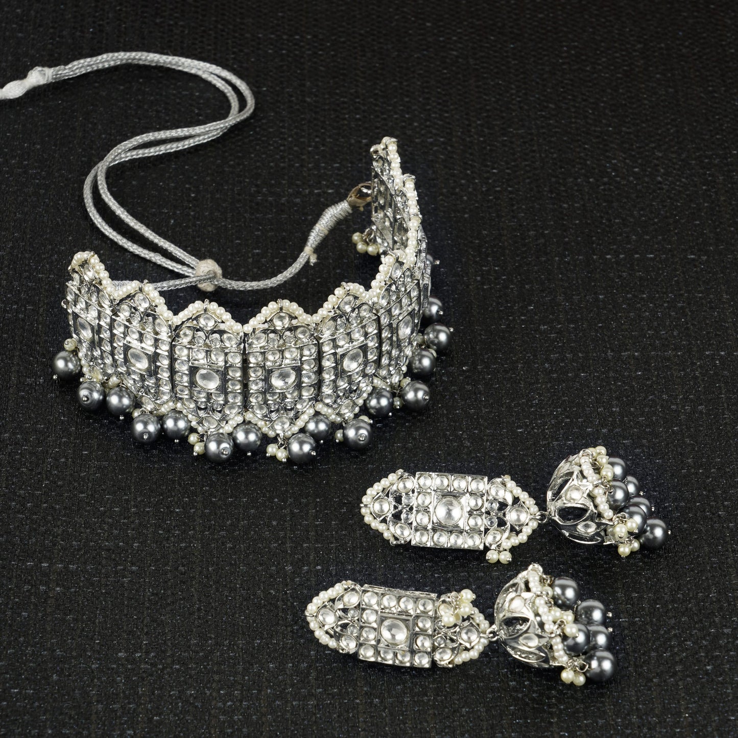 Sparkling White Rhodium Kundan Necklace Set