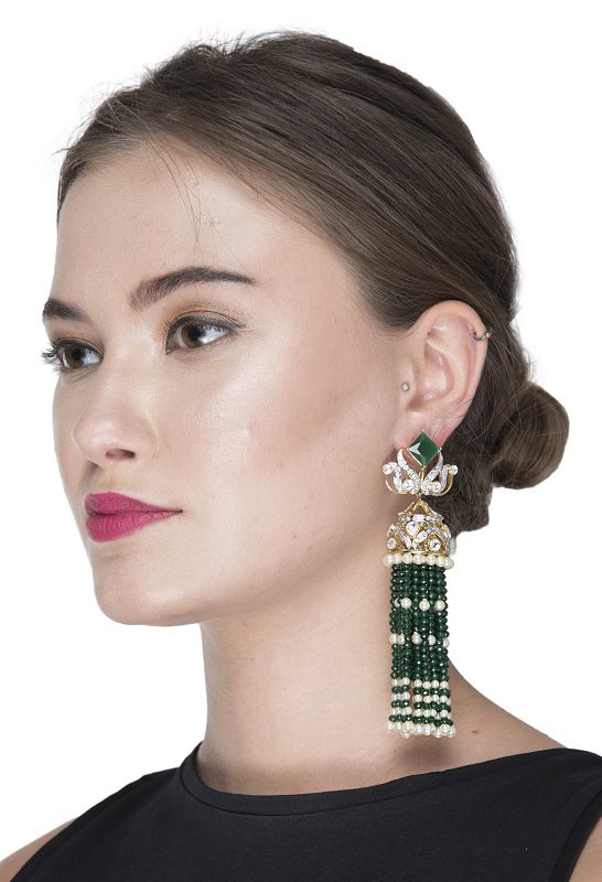 Elegant Diamonte Green and White Jhumka Earring