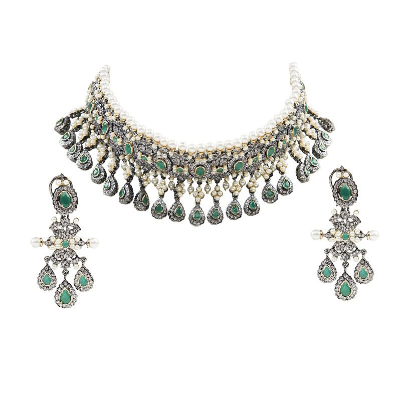 Timeless Necklace Set in Victorian Finish with Green Embelishments