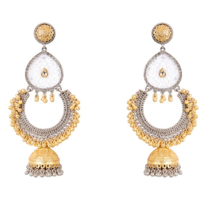 Dual - Tone Ethnic Dangler Earrings with Filigree Design & Jhumka Bell - Auraa Trends - Earrings -  - Auraa Trends - Dual - Tone Ethnic Dangler Earrings with Filigree Design & Jhumka Bell