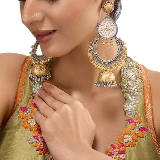 Dual - Tone Ethnic Dangler Earrings with Filigree Design & Jhumka Bell - Auraa Trends - Earrings -  - Auraa Trends - "Dual - tone traditional earrings with gold and silver plating, teardrop filigree cutout, circular base, and jhumka dome drops embellished with golden beads and silver ghungroos."
