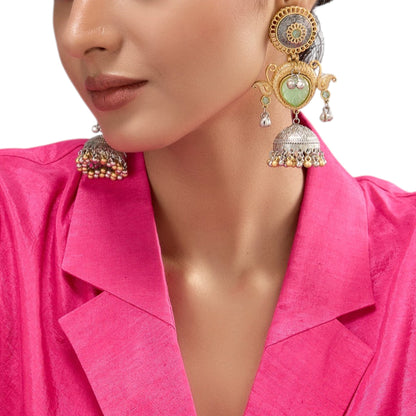 Dual - Tone Gold & Oxidized Silver Jhumka Earrings with Green Stone & Pearl Drops - Auraa Trends - Earrings -  - Auraa Trends - "Dual - tone oxidized silver and gold jhumka earrings with green stones, dome drop, and pearl detailing for ethnic or boho festive wear."