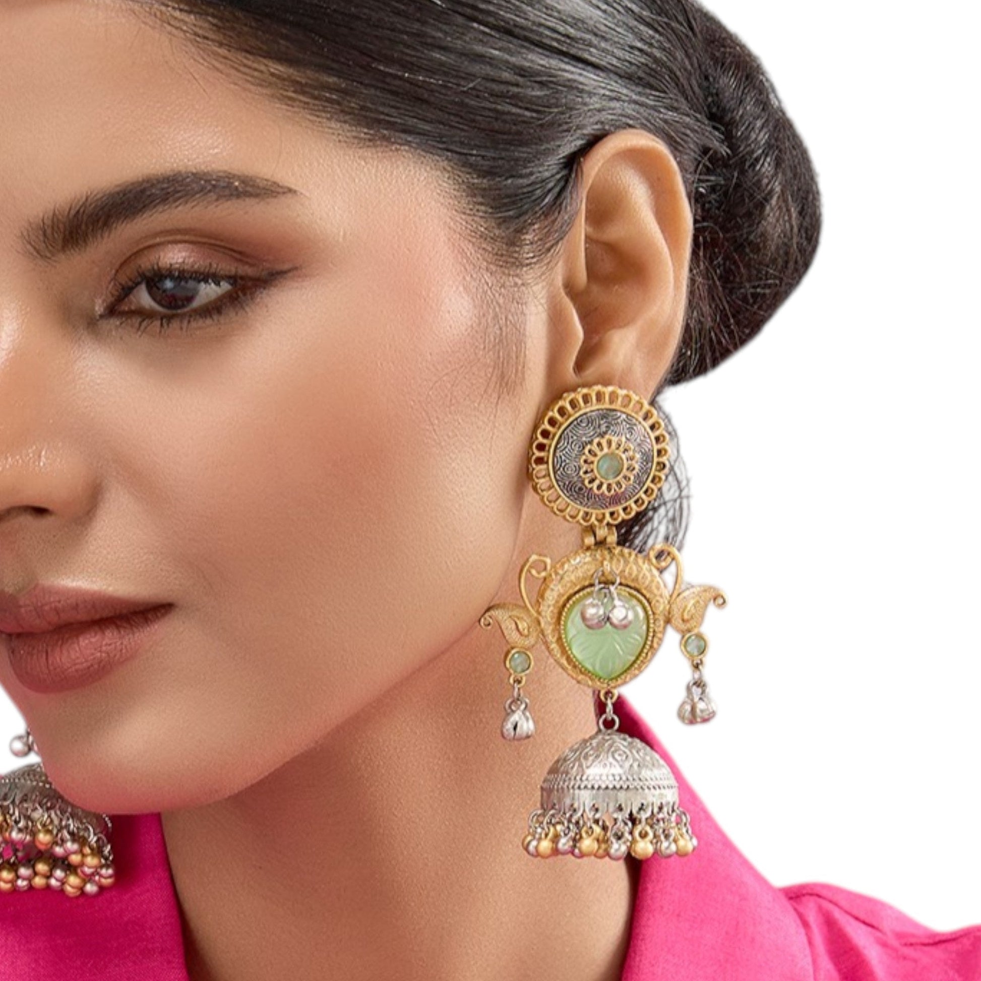 Dual - Tone Gold & Oxidized Silver Jhumka Earrings with Green Stone & Pearl Drops - Auraa Trends - Earrings -  - Auraa Trends - "Dual - tone oxidized silver and gold jhumka earrings with green stones, dome drop, and pearl detailing for ethnic or boho festive wear."
