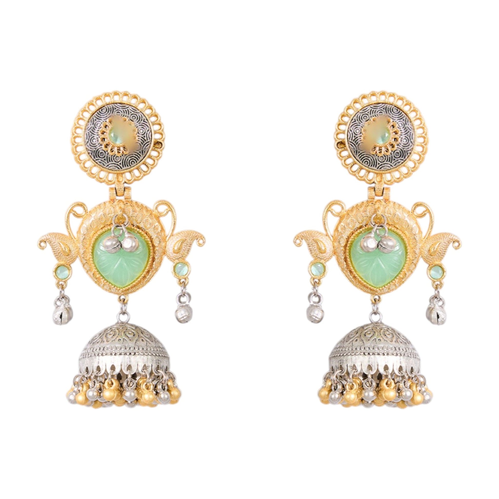 Dual - Tone Gold & Oxidized Silver Jhumka Earrings with Green Stone & Pearl Drops - Auraa Trends - Earrings -  - Auraa Trends - "Dual - tone oxidized silver and gold jhumka earrings with green stones, dome drop, and pearl detailing for ethnic or boho festive wear."